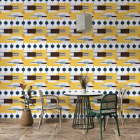 Creative studio styled with Mid Century patterned wallpaper

