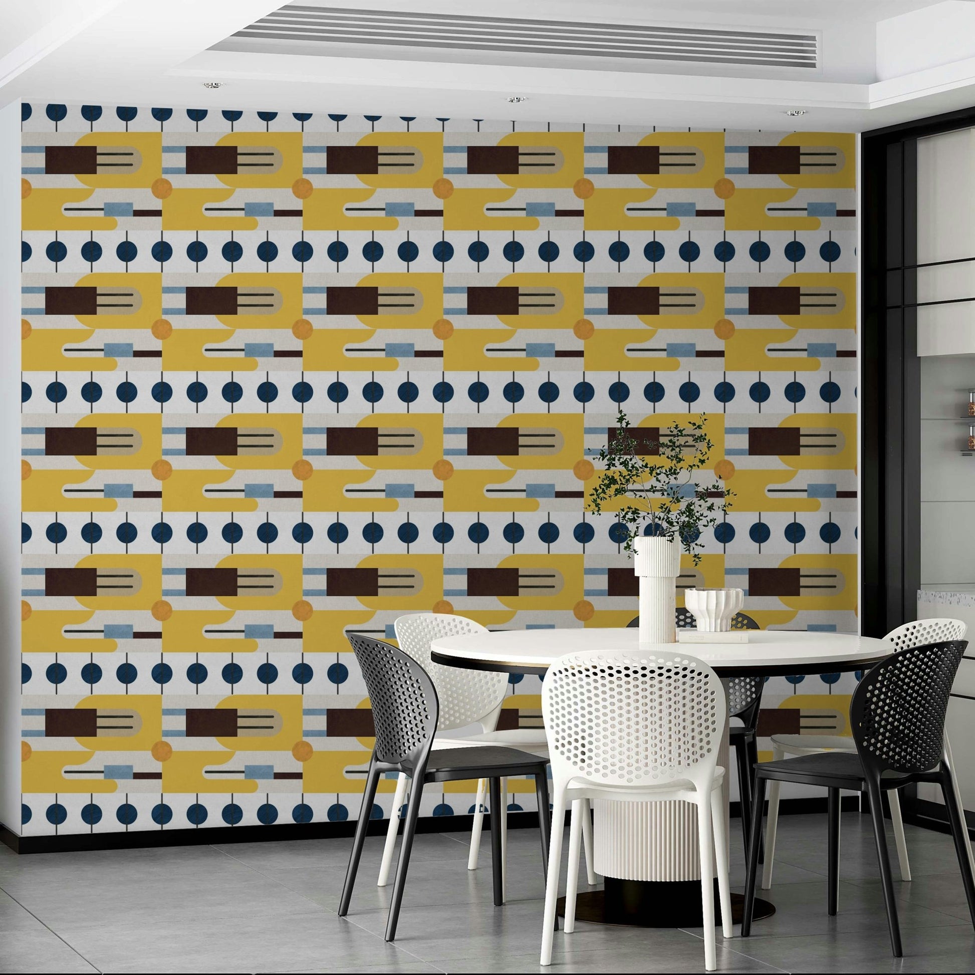 Living space with Mid Century Wallpaper accent wall

