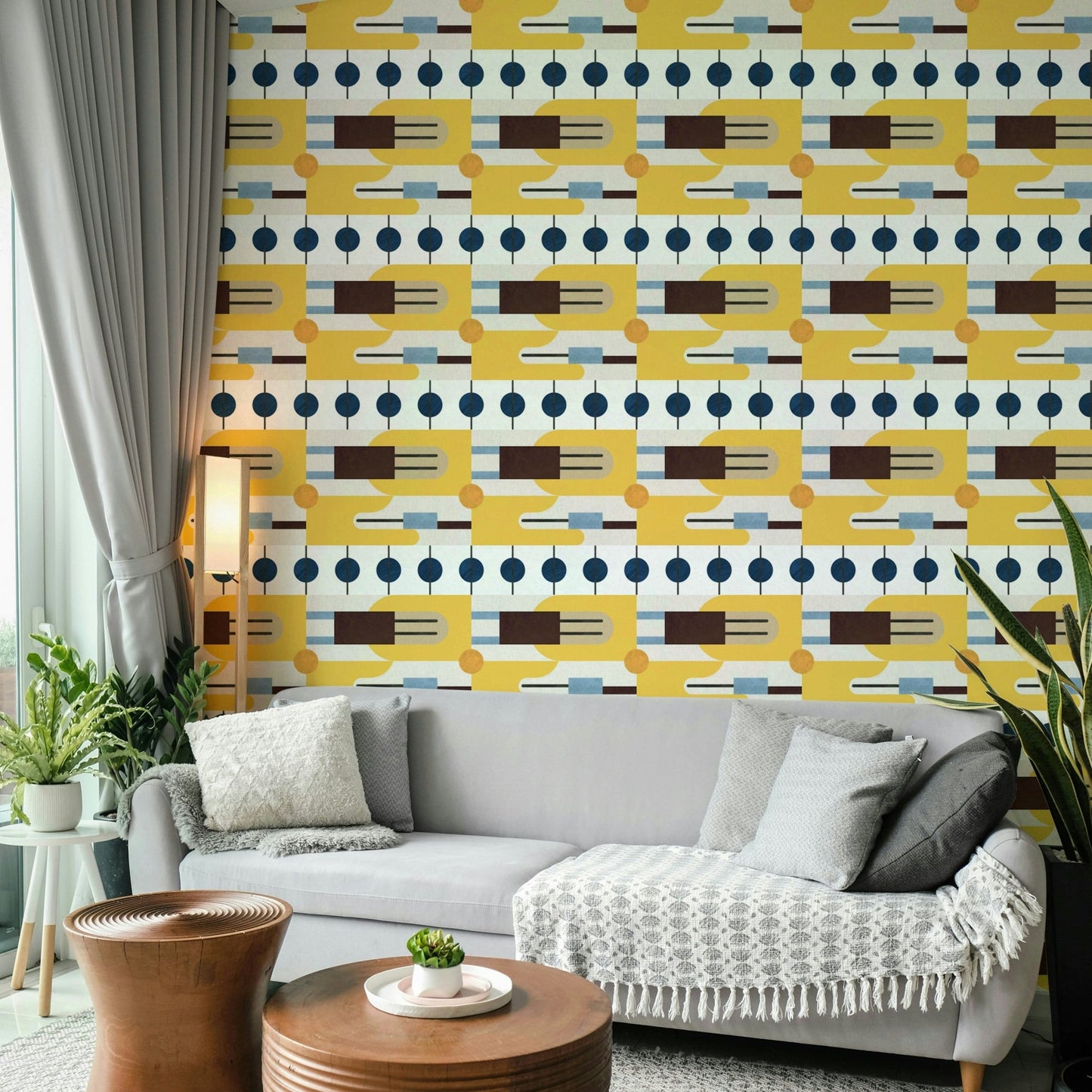 Mid-century style wallpaper in olive and mustard tones

