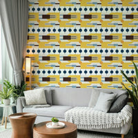 Mid-century style wallpaper in olive and mustard tones

