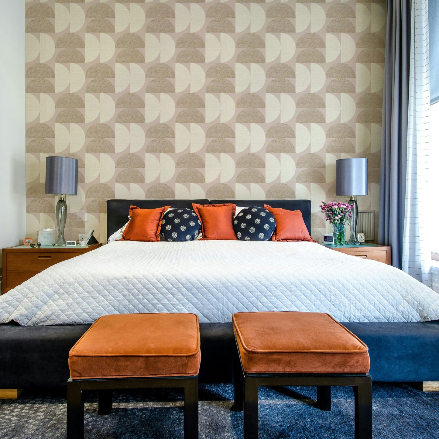 Muted color palette on Mid Century geometric wallpaper