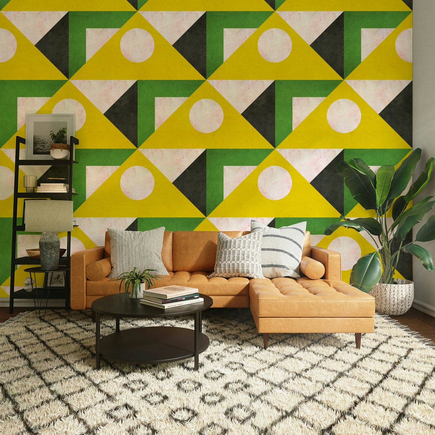 Playful yellow and geometric design wallpaper for living rooms

