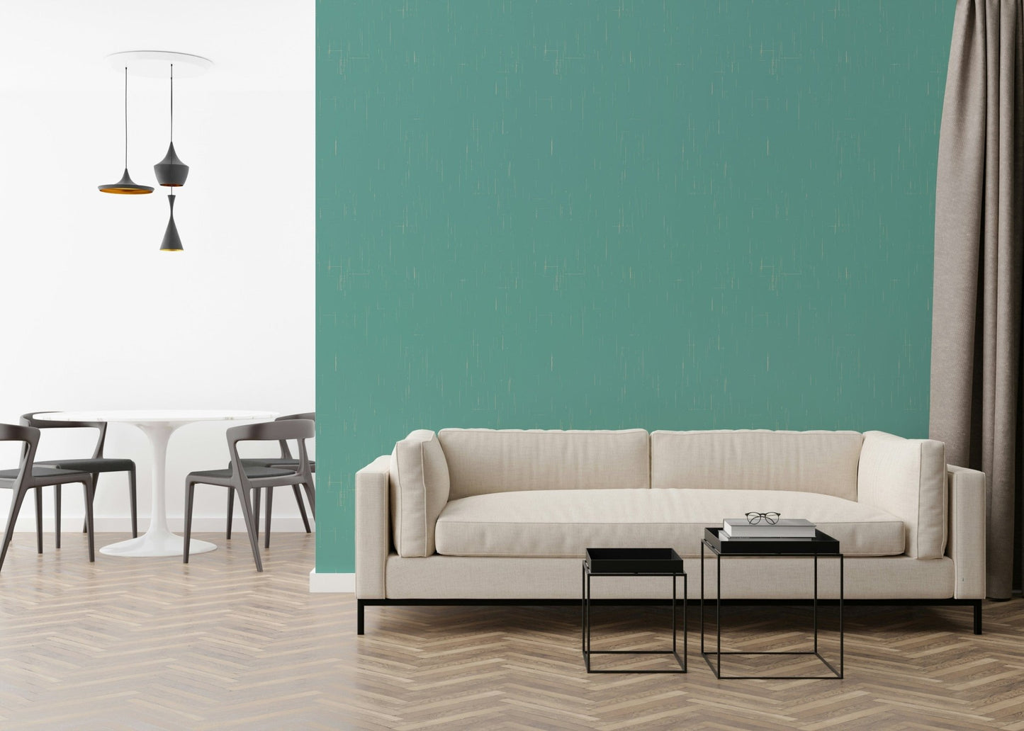 Rich solid teal color background with subtle white lines mural.