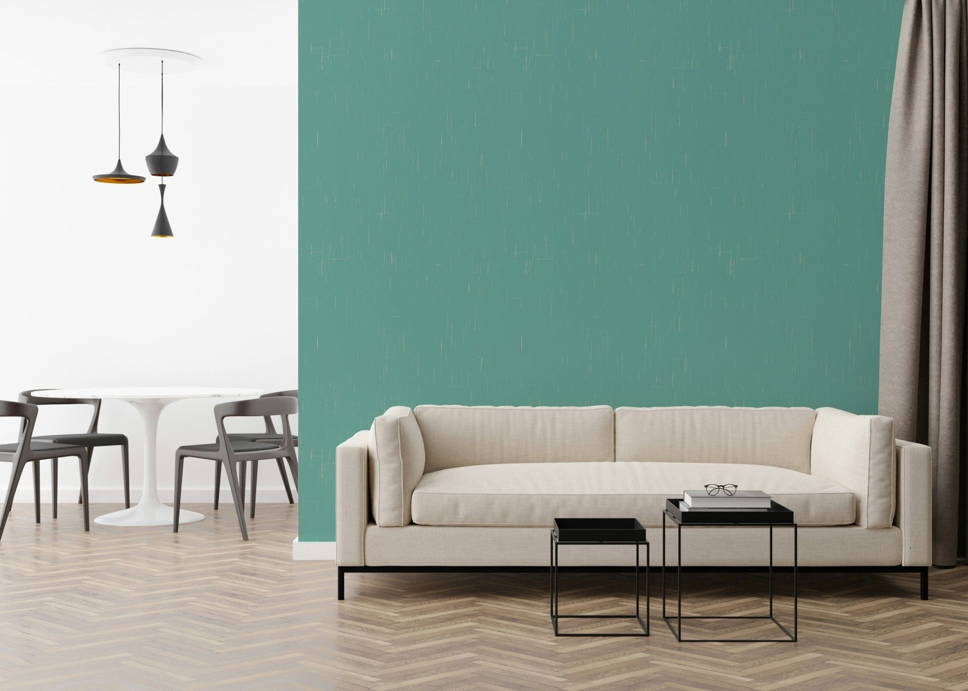 Rich solid teal color background with subtle white lines mural.