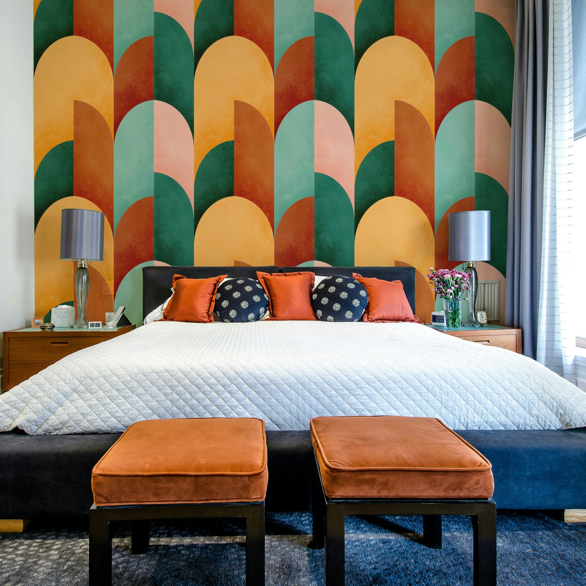 Features geometric shapes arranged in a dynamic composition.
