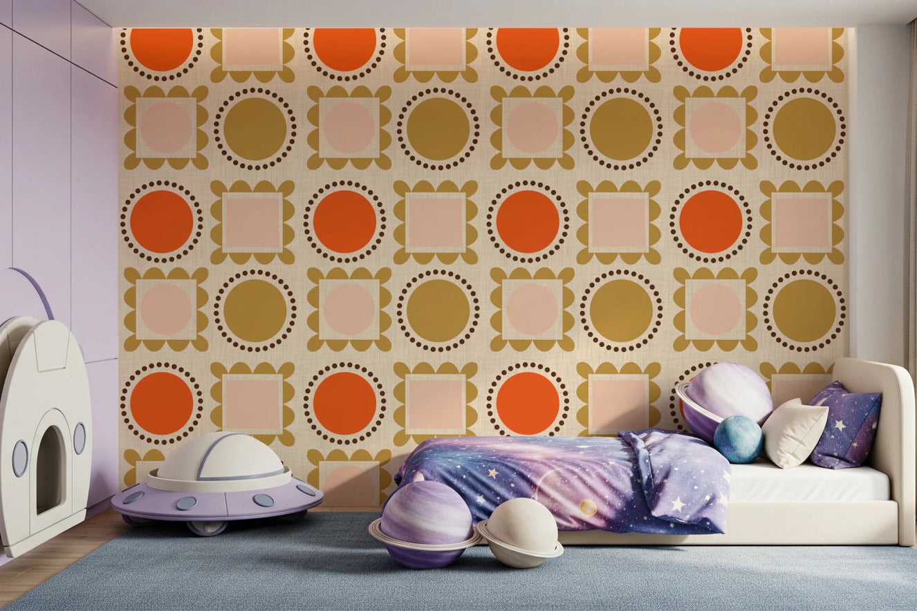 Kids room styled with Mid Mod Pictures Frames Beige Pink Ocher Wallpaper