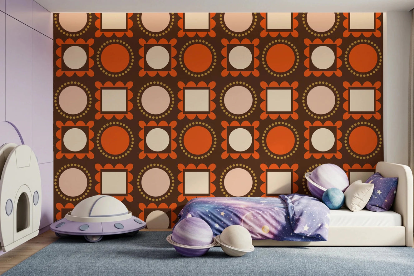 Kids room with Mid Mod Pictures Frames Chocolate Ocher Terracotta Wallpaper