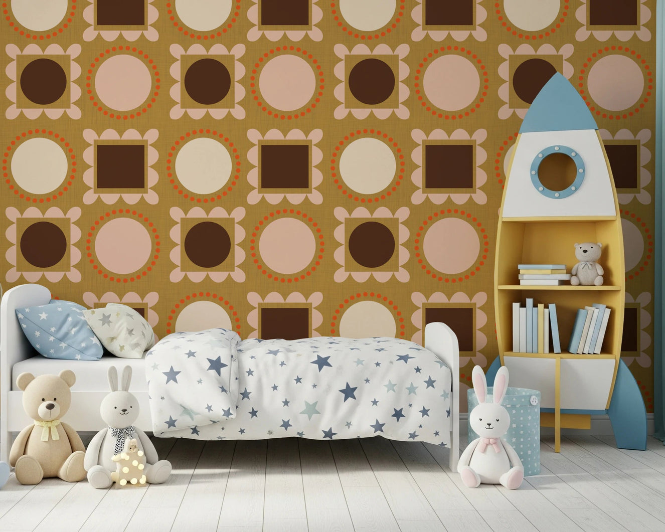 Kids room with Mid Mod Pictures Frames Ocher Wallpaper