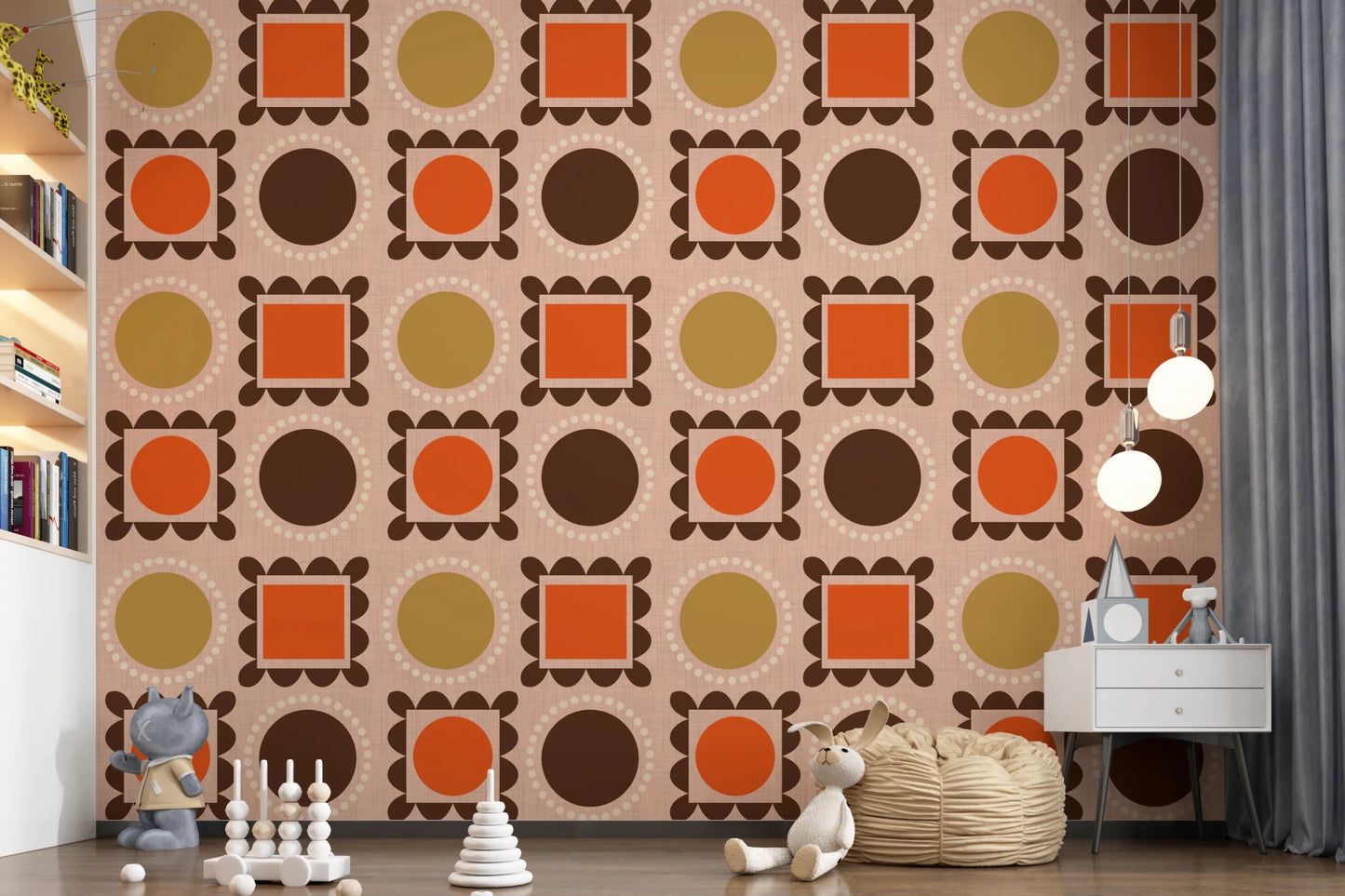 Pink wallpaper showing mid mod frames with dotted round accents and squares, GD8725