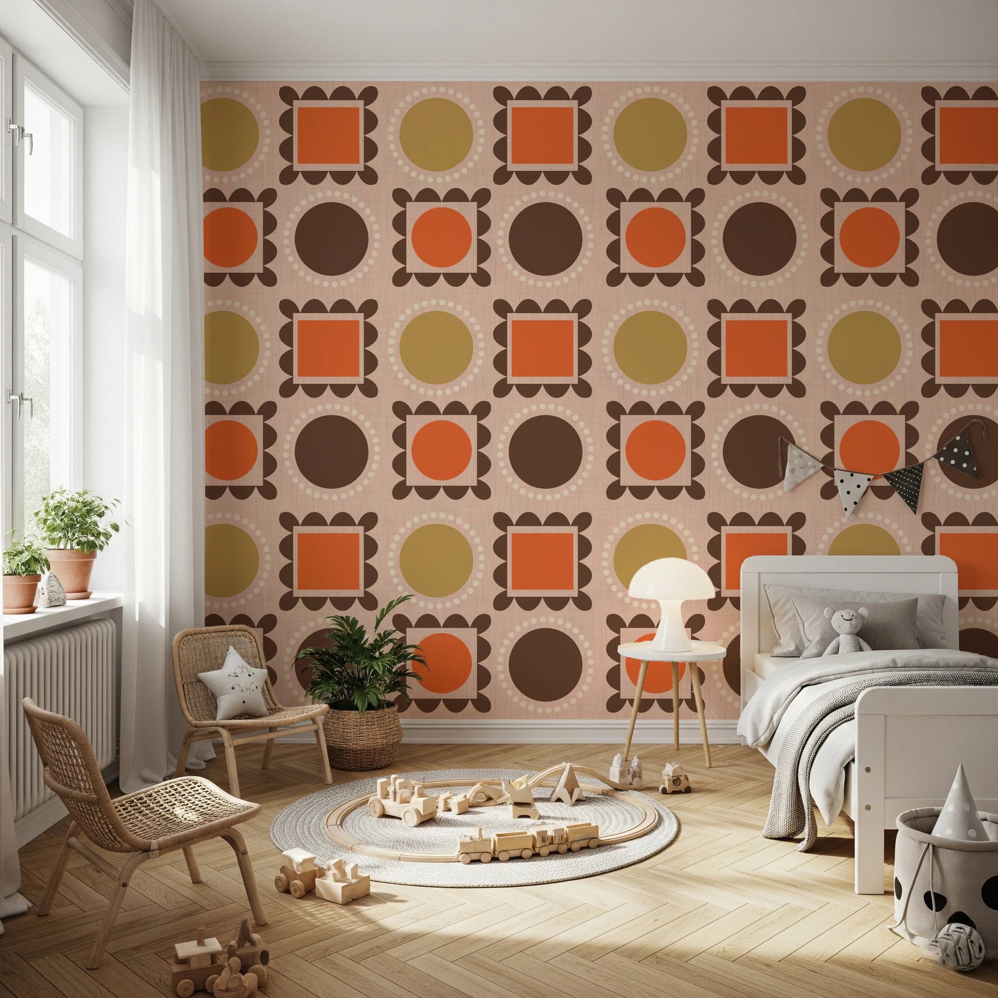 Retro wallpaper with picture frame blocks and ocher terracotta circle motifs, GD8725