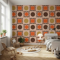 Retro wallpaper with picture frame blocks and ocher terracotta circle motifs, GD8725