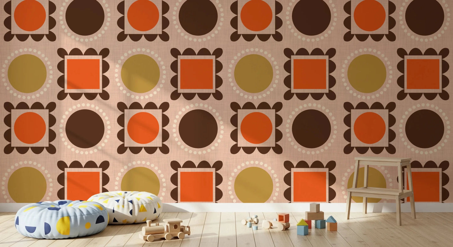 Geometric wallpaper with framed shapes in terracotta ocher and brown tones, GD8725