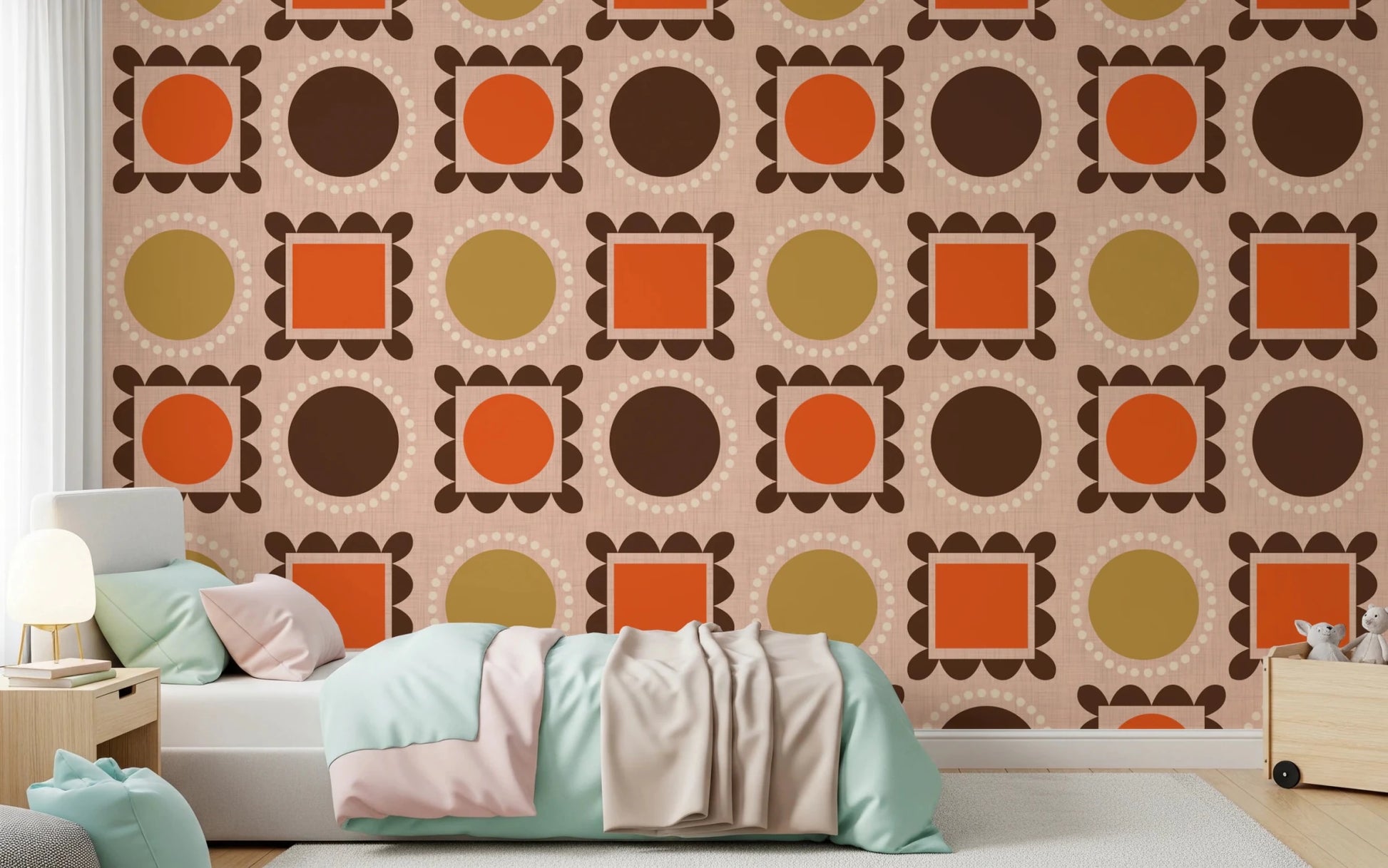 Structured retro wallpaper with square frames and soft pink woven-look base, GD8725