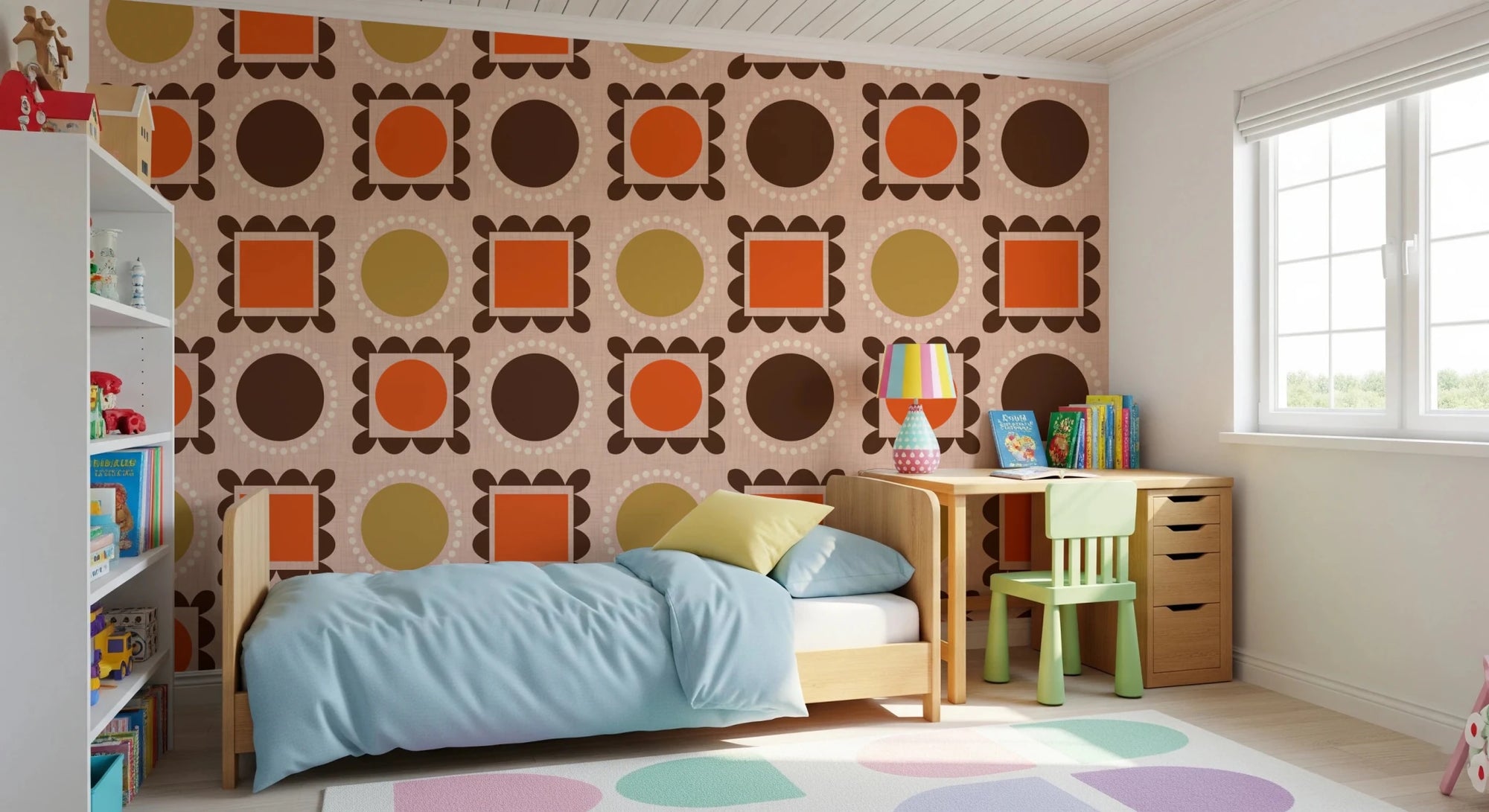 Bedroom with Mid Mod Pictures Frames Pink Ocher Terracotta Wallpaper, GD8725