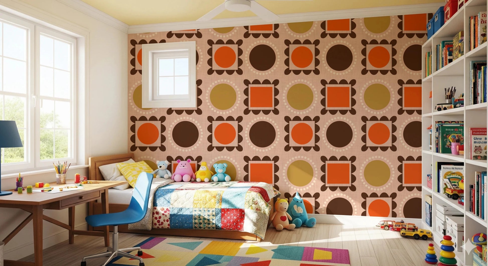 Graphic pattern wallpaper in pink ocher terracotta with rounded frame detail, GD8725