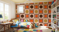 Graphic pattern wallpaper in pink ocher terracotta with rounded frame detail, GD8725