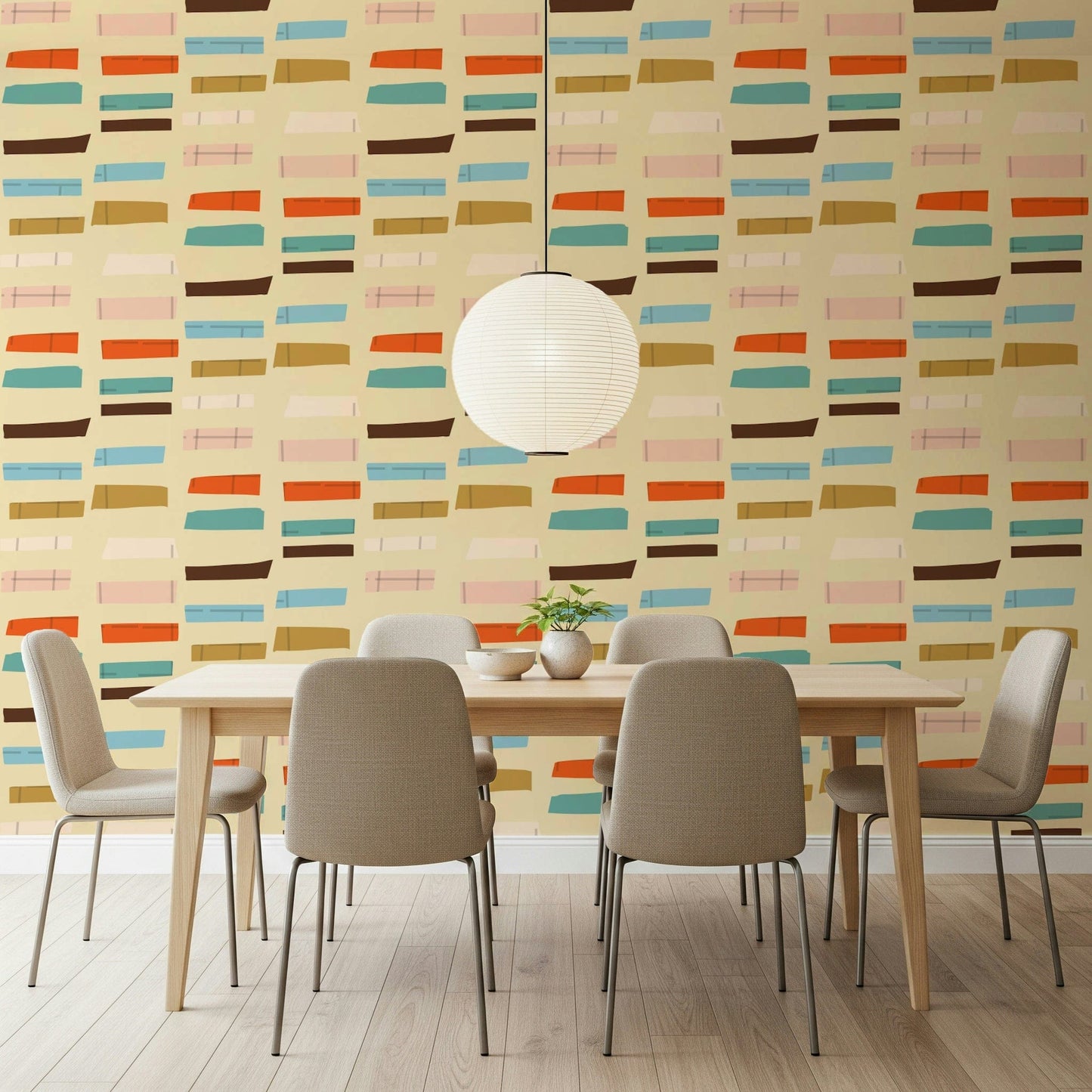 Vivid Mid Mod Blocks Beige wallpaper charming retro look hallway refinement.