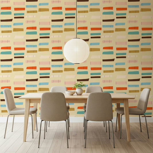 Vivid Mid Mod Blocks Beige wallpaper charming retro look hallway refinement.