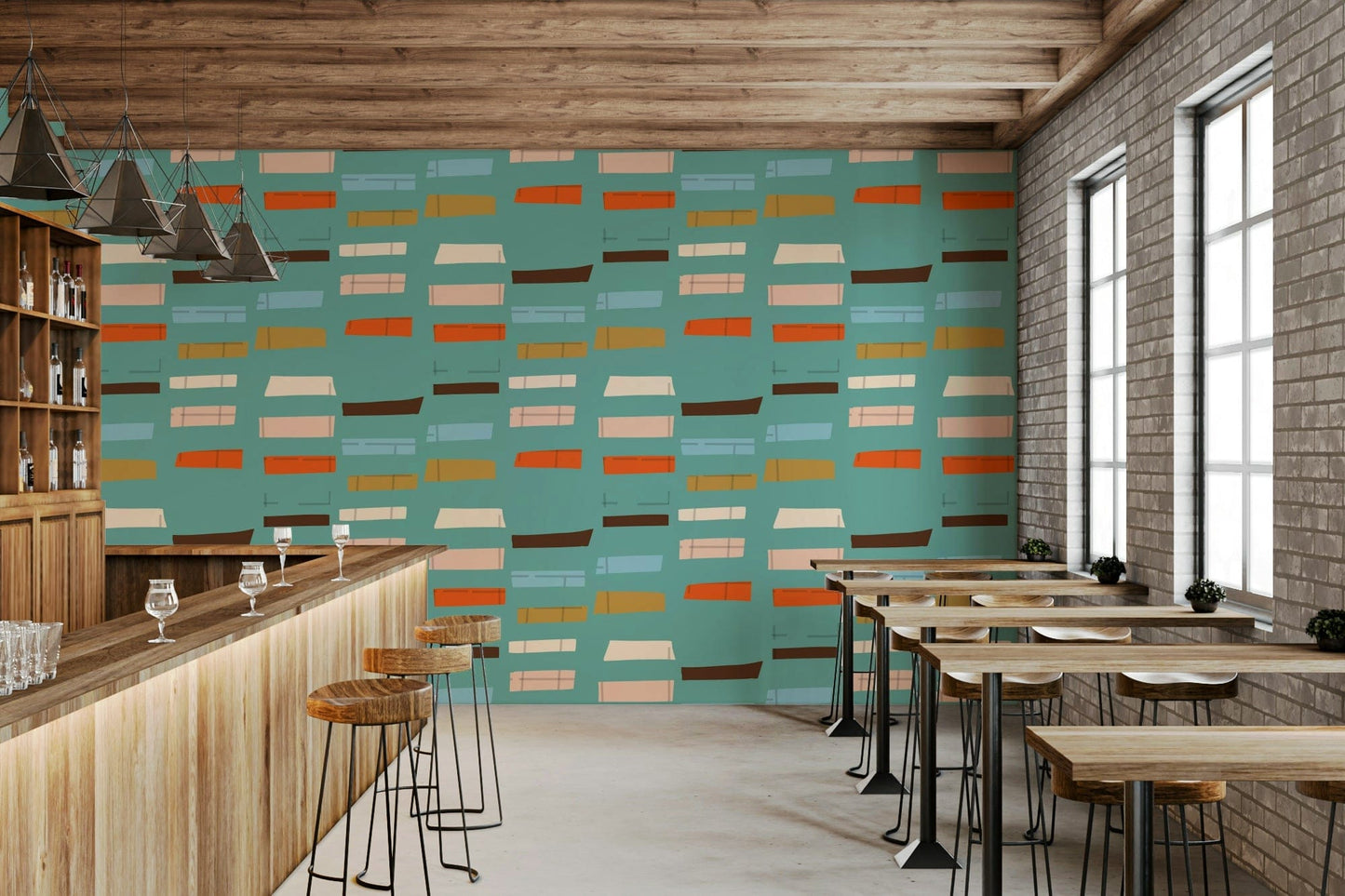 Warm tones cool background Blocks Blue mural sophisticated office space.