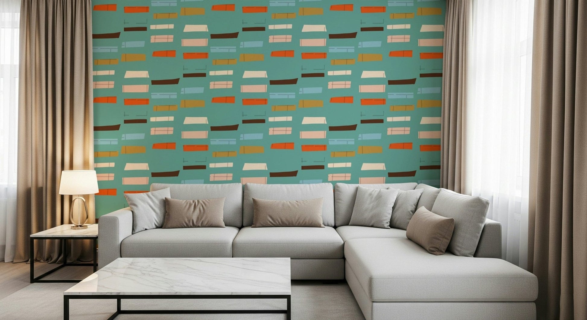 Contemporary Blocks Blue wallpaper minimalist mid-century inspired decor.