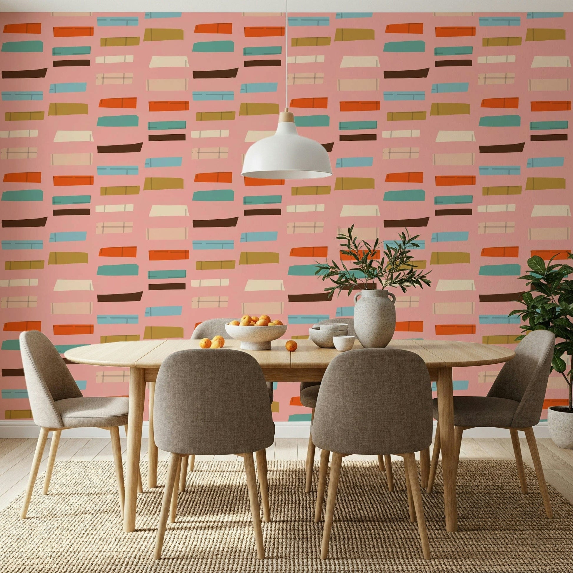 Mid Mod Stacked Blocks Pink geometric retro pattern wallpaper.