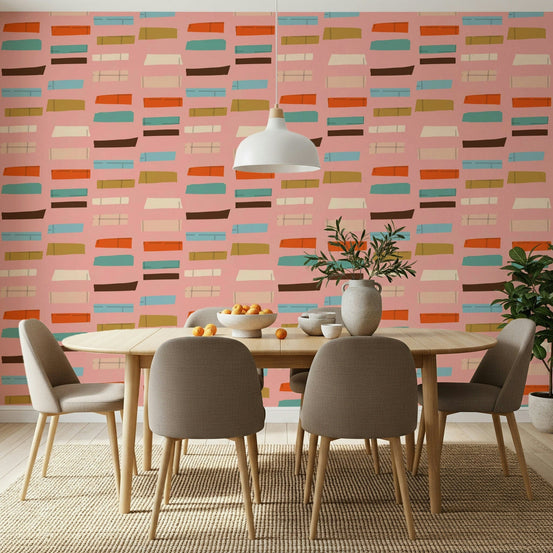 Mid Mod Stacked Blocks Pink geometric retro pattern wallpaper., GD6889
