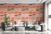 Stylish Mid Mod wallpaper, pastel pink and multicolored blocks.