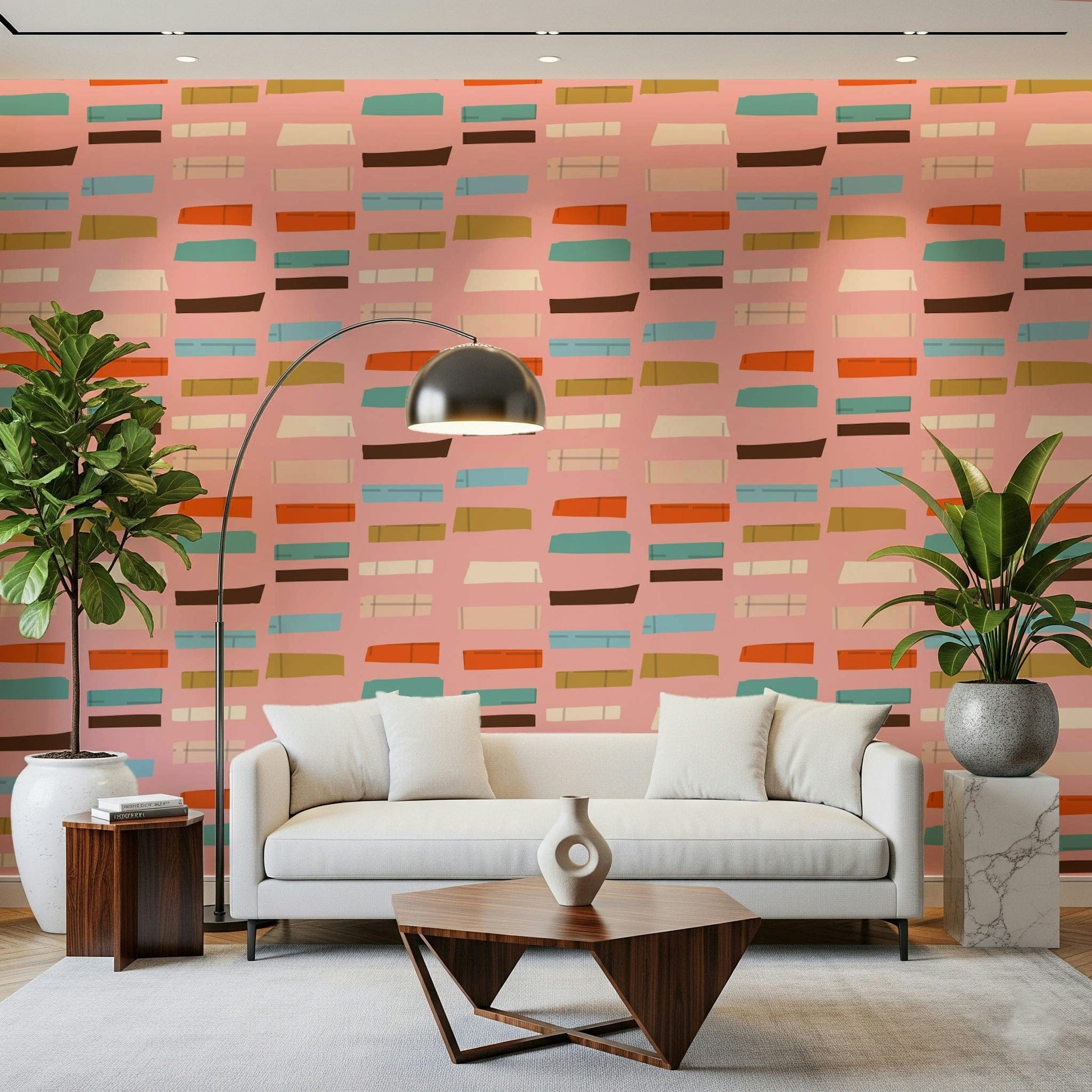 Designers' choice blocks pink wallpaper, striking art deco feel.