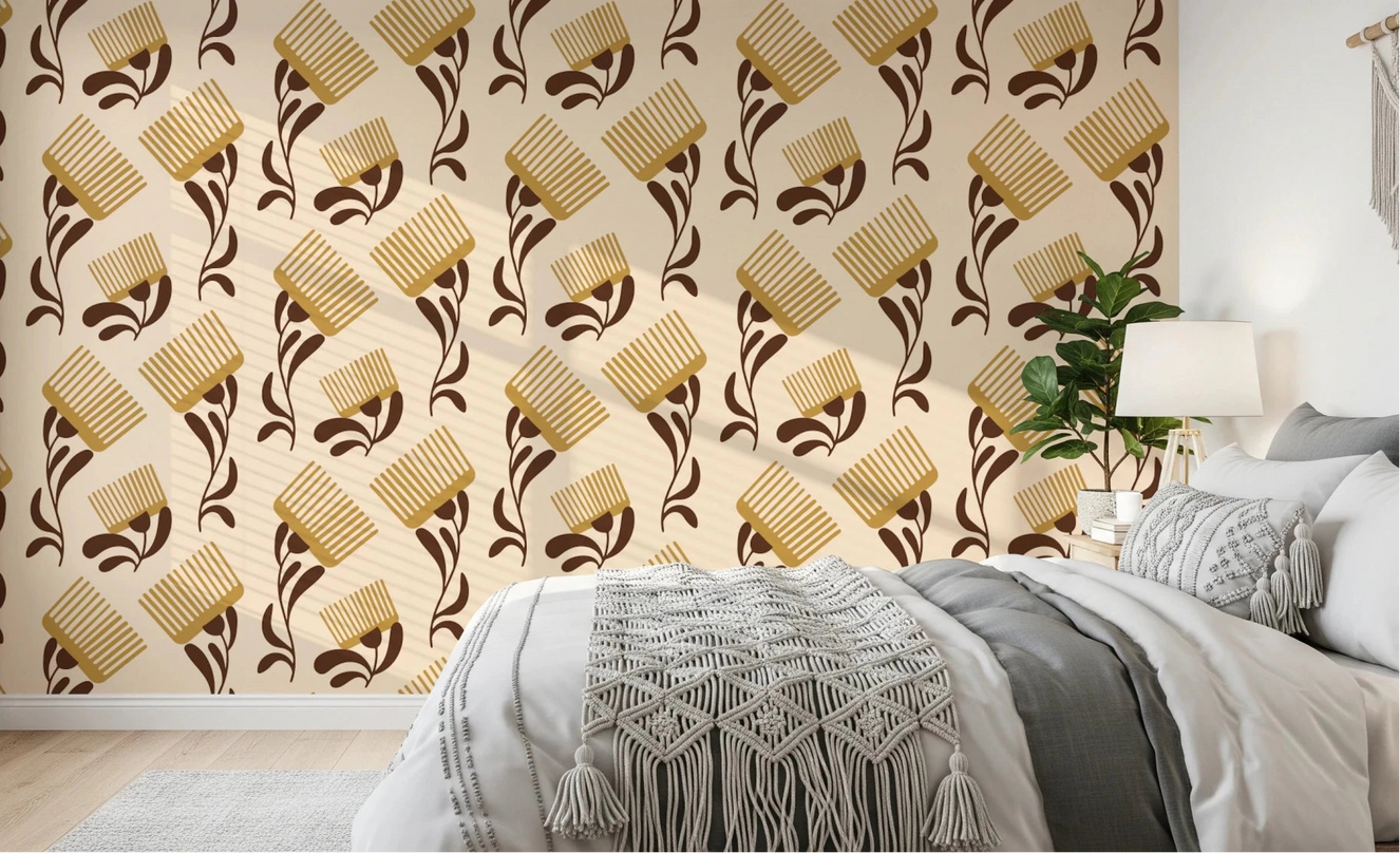 Bedroom styled in Mid Mod Wildflower Comb Beige Chocolate Wallpaper