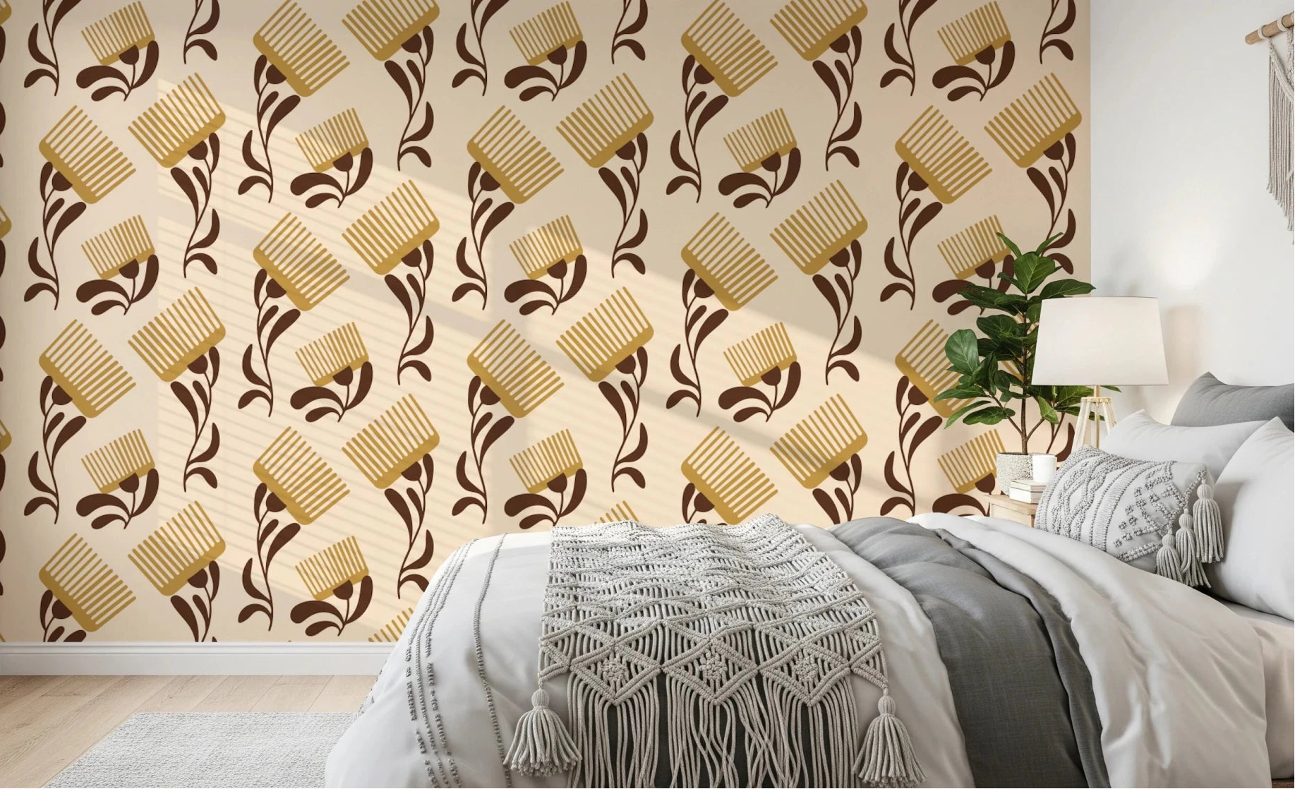 Bedroom styled in Mid Mod Wildflower Comb Beige Chocolate Wallpaper, GD8726
