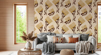 Living room with Mid Mod Wildflower Comb Beige Chocolate Wallpaper, GD8726