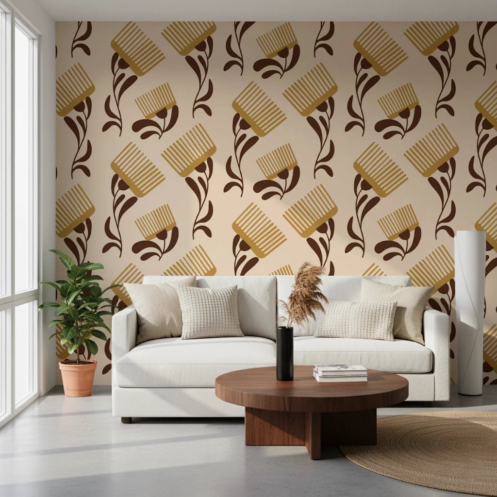 Hallway using Mid Mod Wildflower Comb Beige Chocolate Wallpaper, GD8726