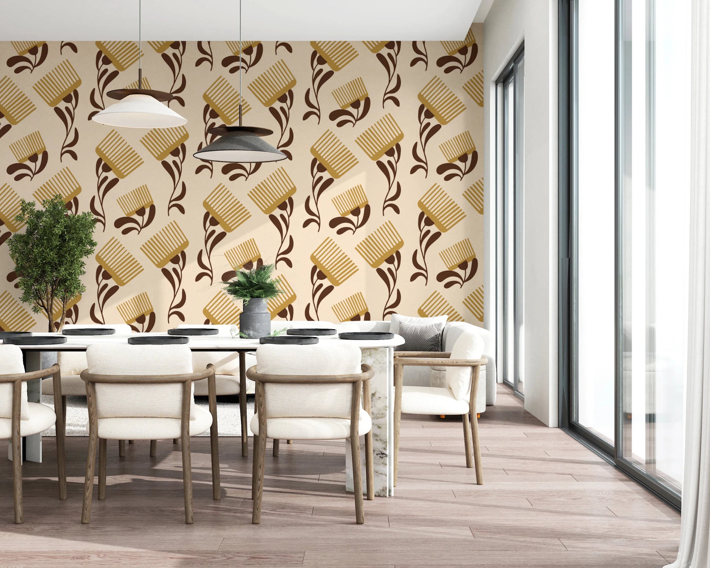 Dining room with Mid Mod Wildflower Comb Beige Chocolate Wallpaper, GD8726