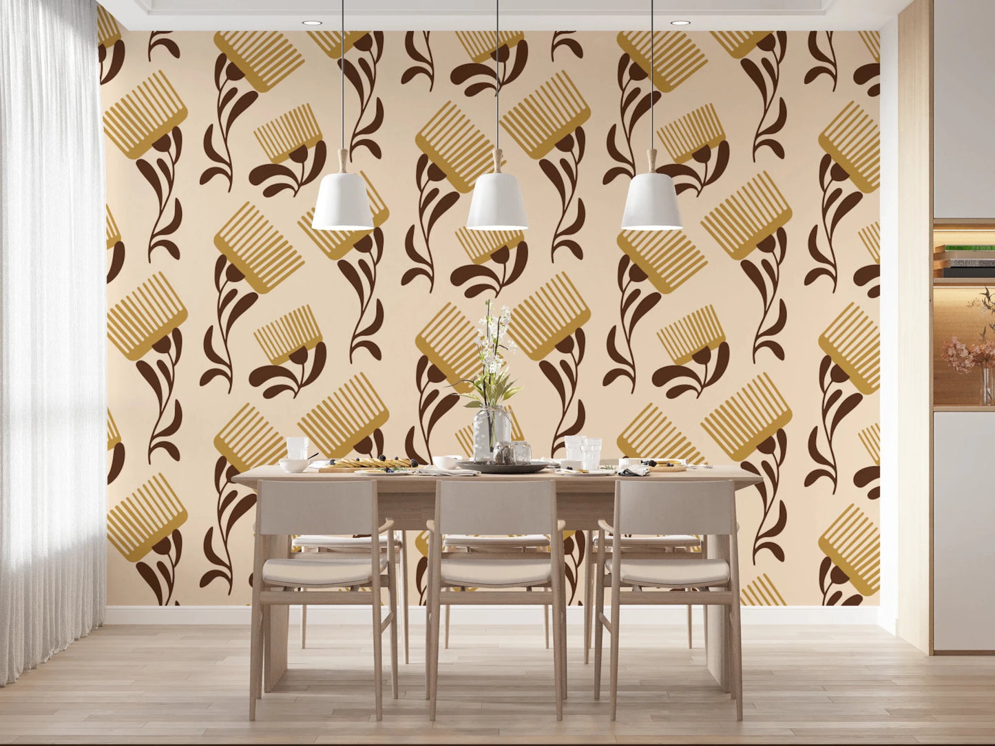 Warm neutral wallpaper with stylized stems and bold comb-inspired forms, GD8726