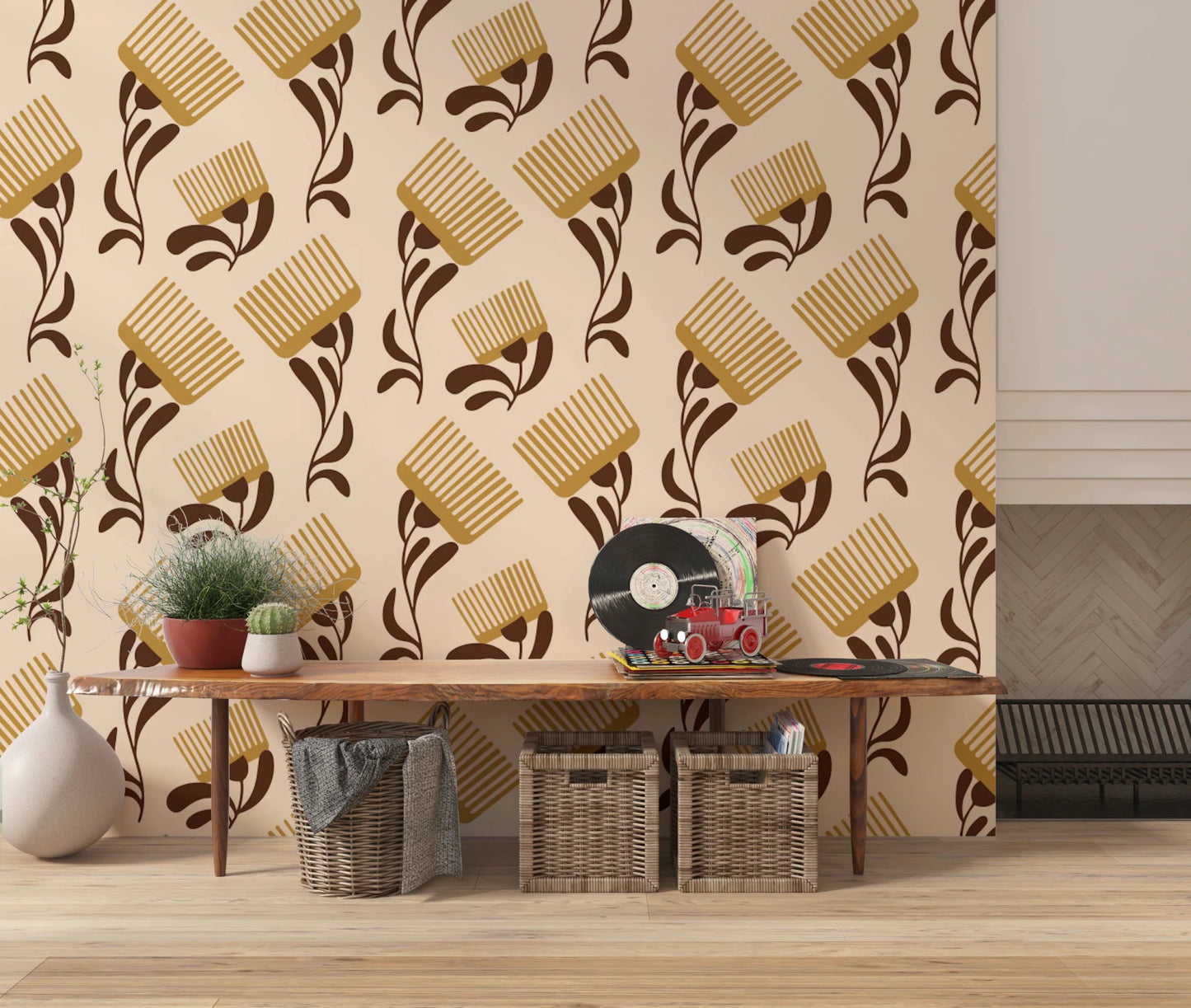 Beige wallpaper with chocolate comb motifs and wildflower stem pattern, GD8726