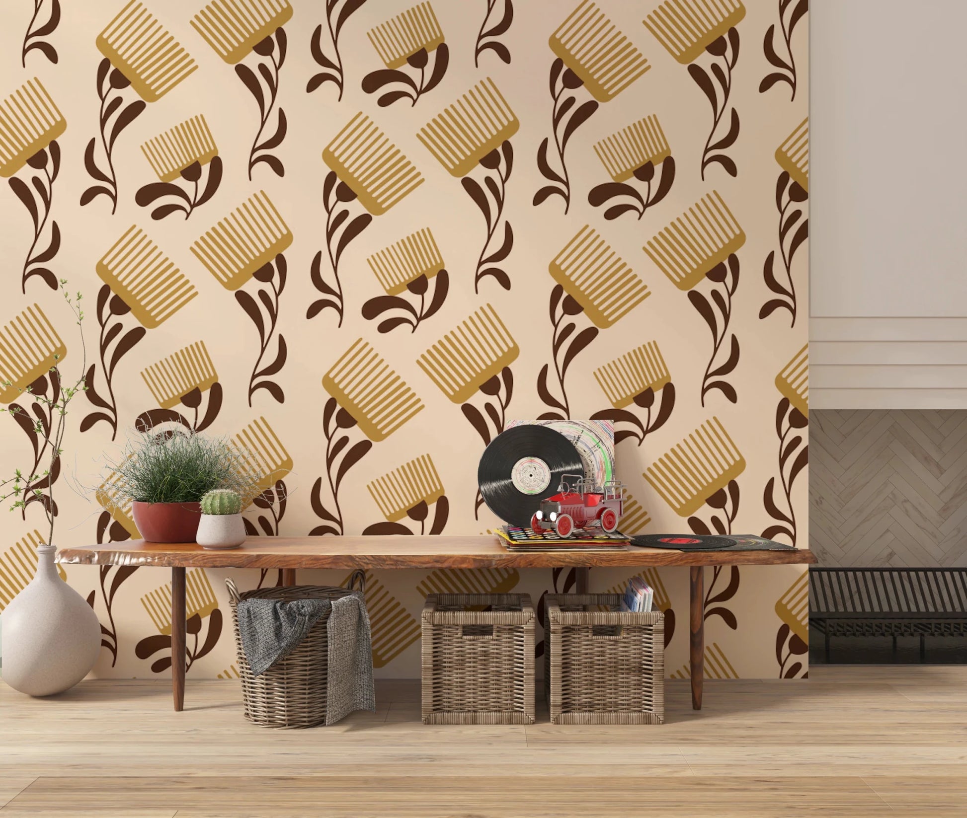 Beige wallpaper with chocolate comb motifs and wildflower stem pattern, GD8726