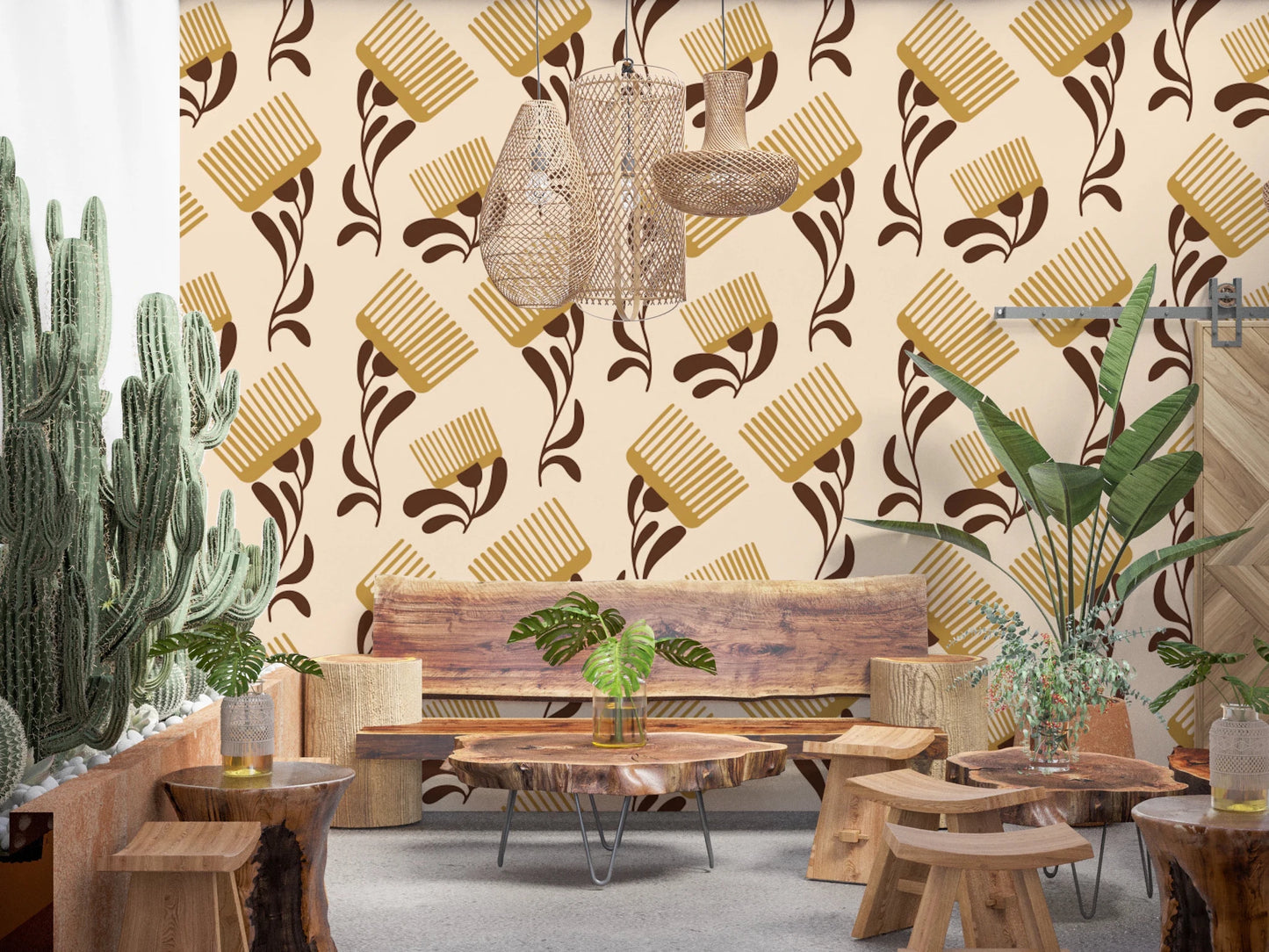 Beige Chocolate Wallpaper showing graphic comb rhythm and floral flow, GD8726