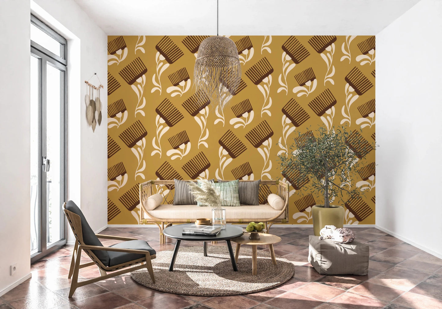 Hallway wall in Mid Mod Wildflower Comb Beige Ocher Wallpaper, GD8727