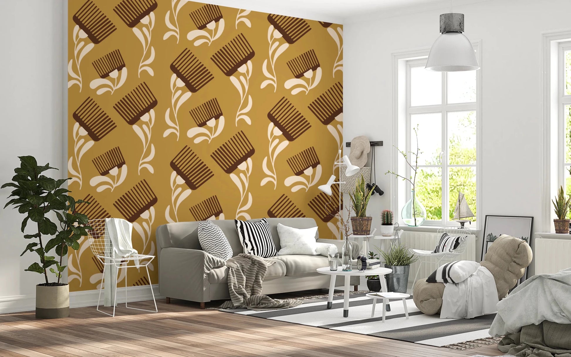 Living room set with Mid Mod Wildflower Comb Beige Ocher Wallpaper, GD8727