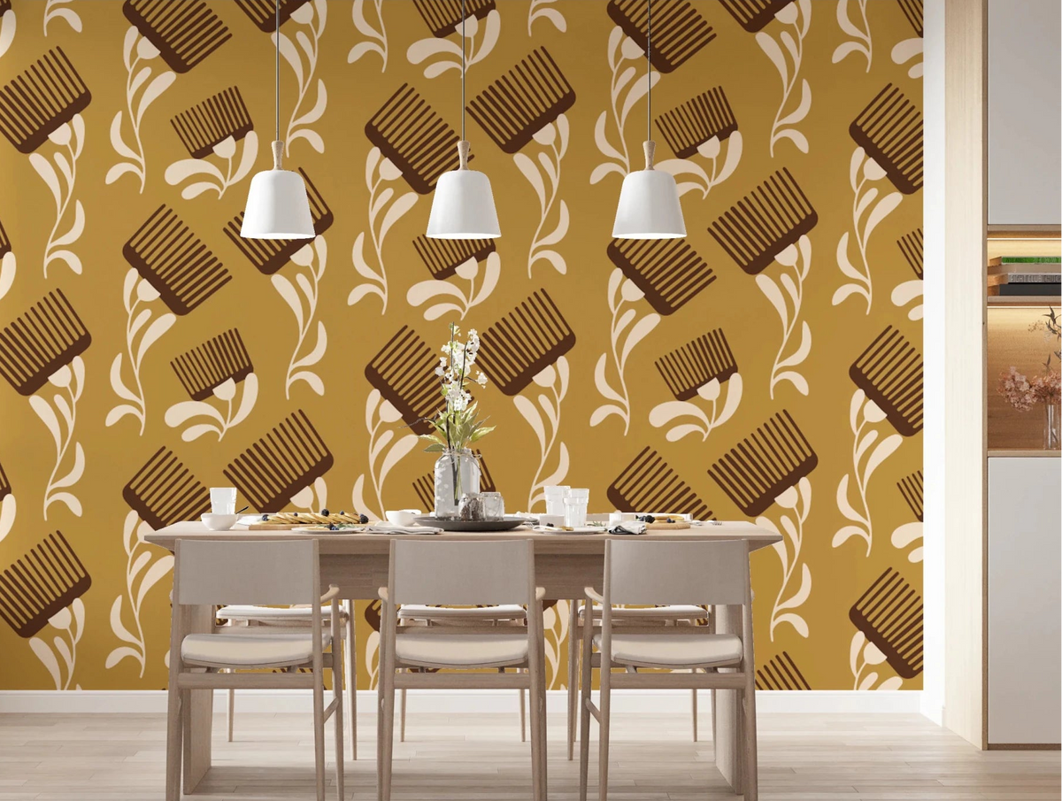 Warm mid mod wallpaper with cream floral forms and brown comb rhythm, GD8727