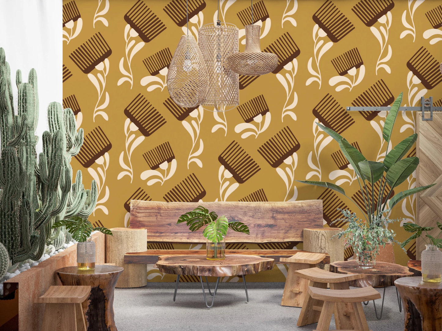 Beige Ocher Wallpaper mixing curved stems and structured comb detailing, GD8727