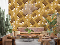 Beige Ocher Wallpaper mixing curved stems and structured comb detailing, GD8727