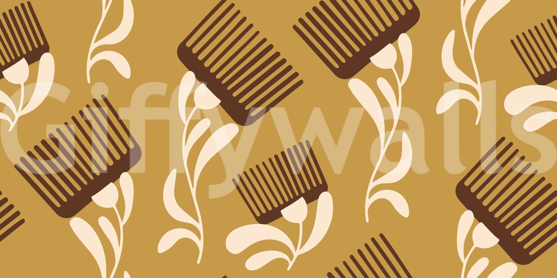 Ocher pattern wallpaper showing stylized wildflower lines and comb repeat, GD8727