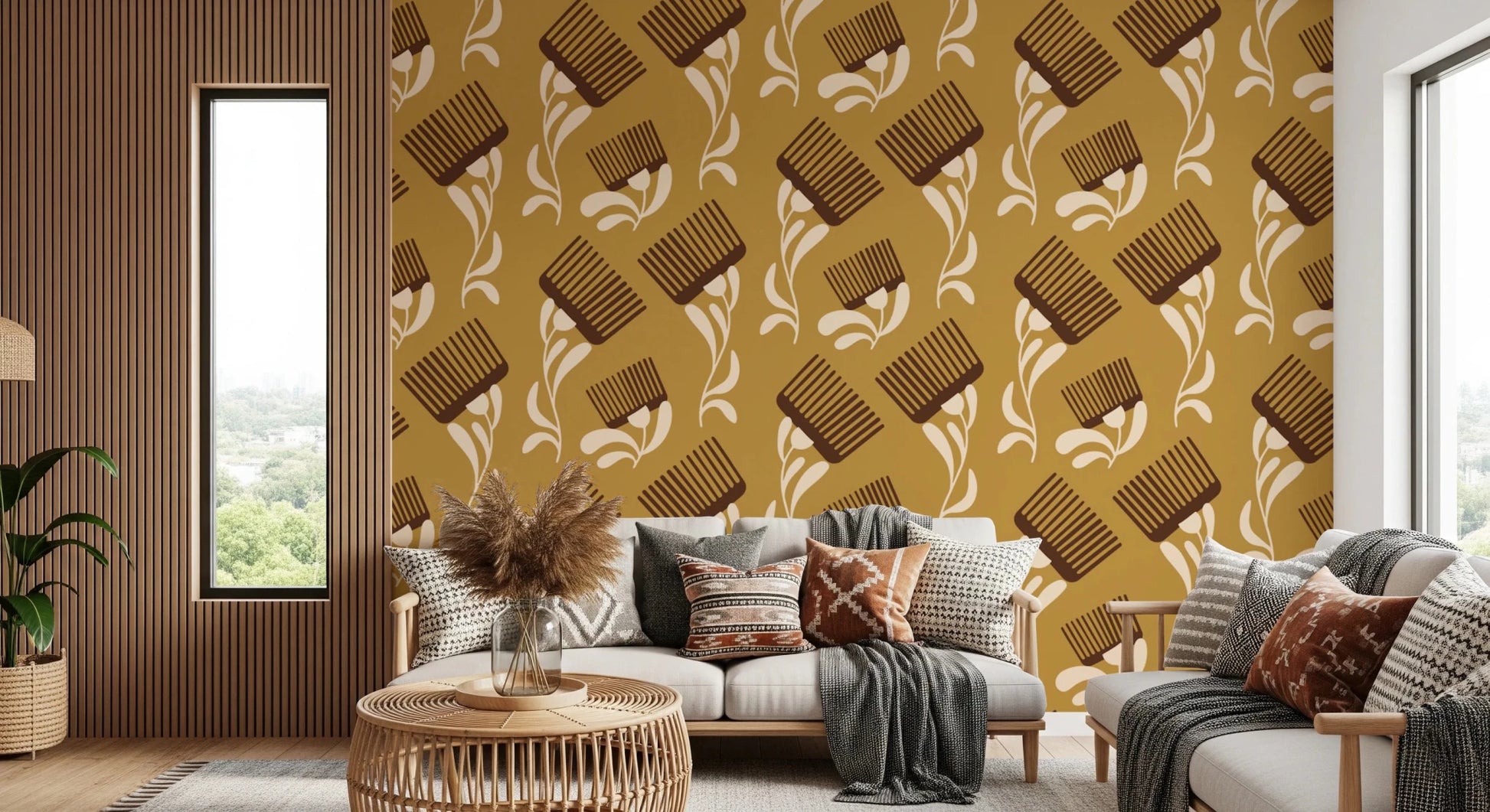 Beige ocher surface with wildflower stems and bold mid mod comb shapes, GD8727