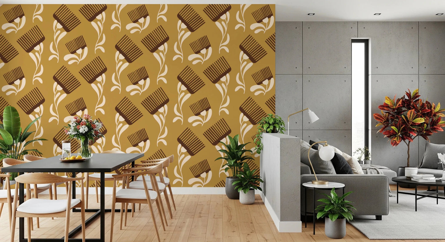 Brown comb motifs over beige ocher wallpaper with airy floral spacing, GD8727