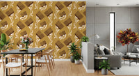 Brown comb motifs over beige ocher wallpaper with airy floral spacing, GD8727