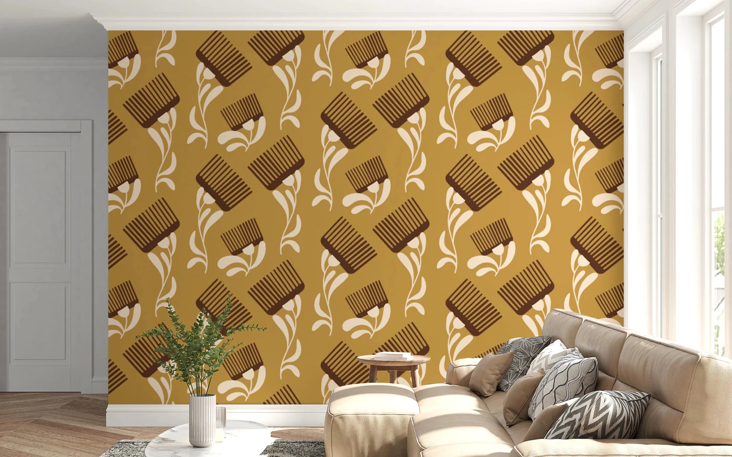 Wildflower Comb repeat in ocher tones with a mid-century graphic feel, GD8727