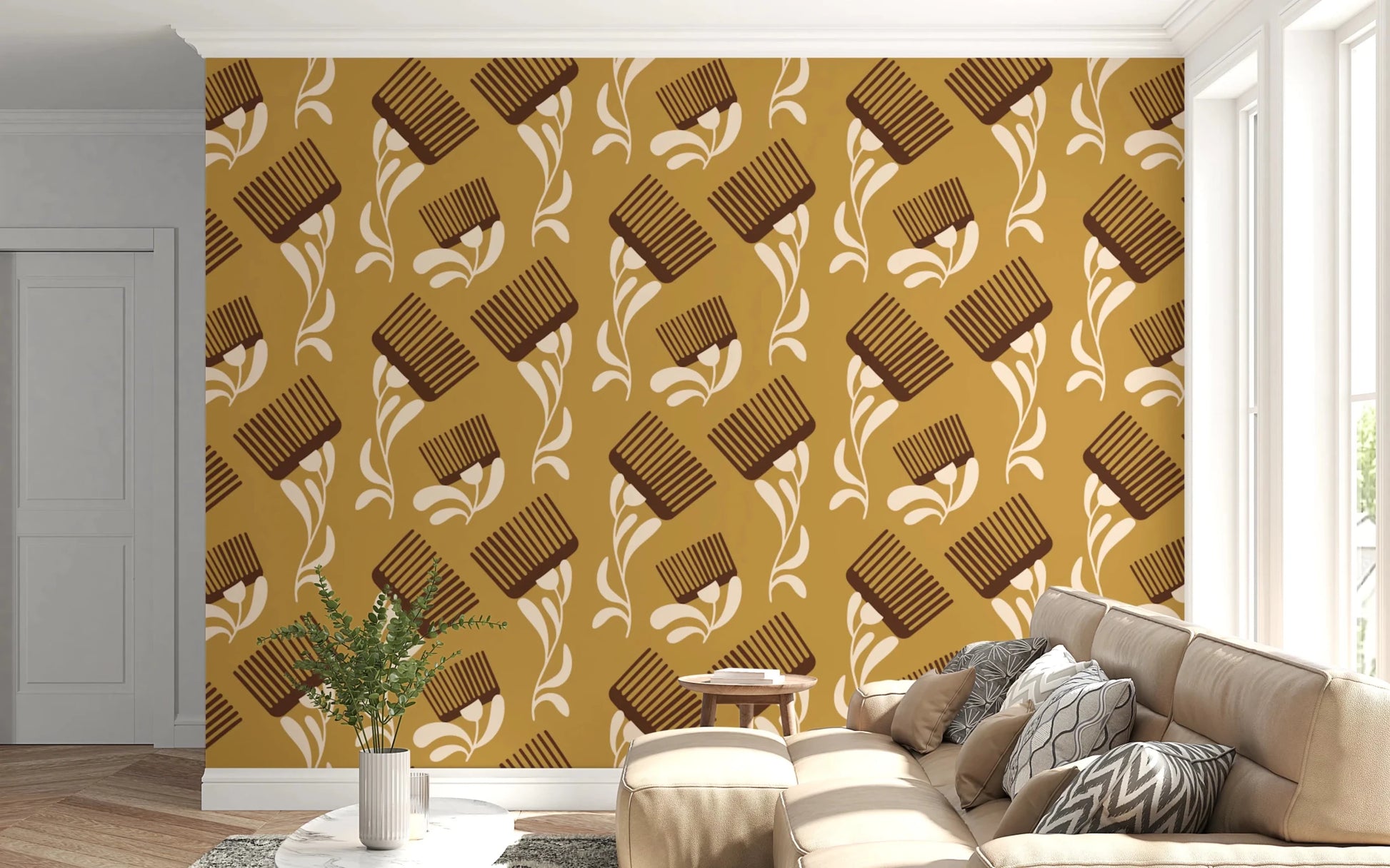 Wildflower Comb repeat in ocher tones with a mid-century graphic feel, GD8727