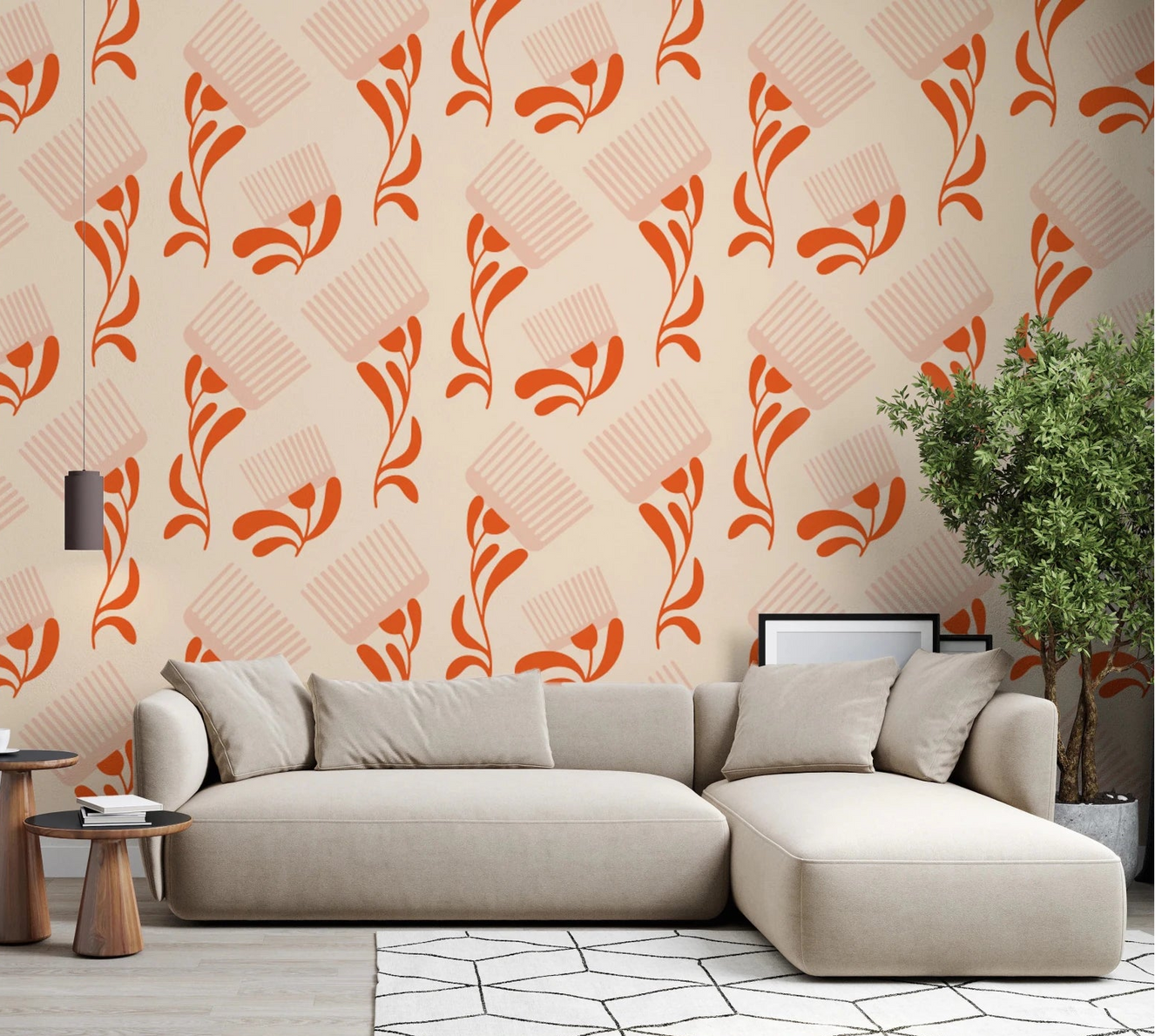 Living room with Mid Mod Wildflower Comb Beige Terracotta Wallpaper