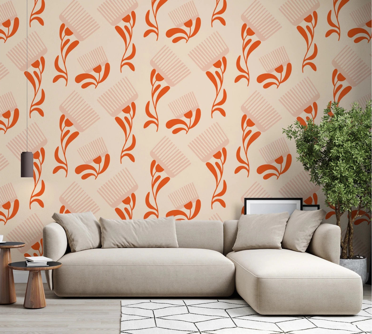 Living room with Mid Mod Wildflower Comb Beige Terracotta Wallpaper, GD8728